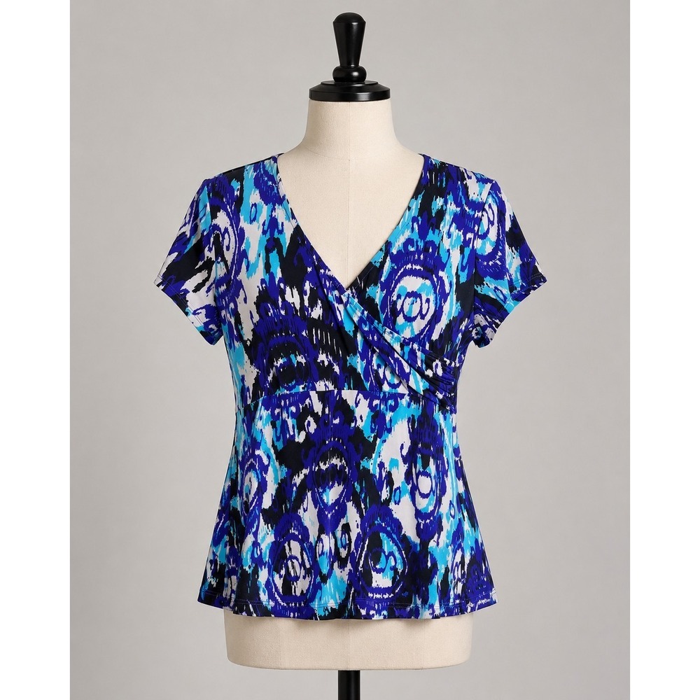 IZOD Top Womens Small Blue Abstract Ikat Wrap Front Stretch Short Sleeve Blouse‎